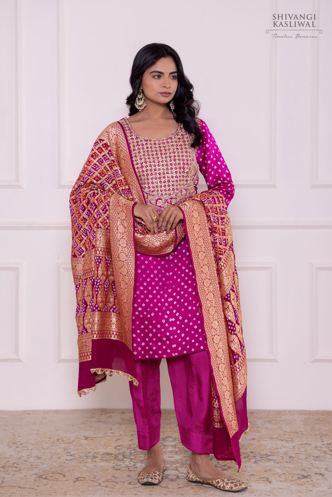 Magenta Pink Bandhani Silk Kurta Set
