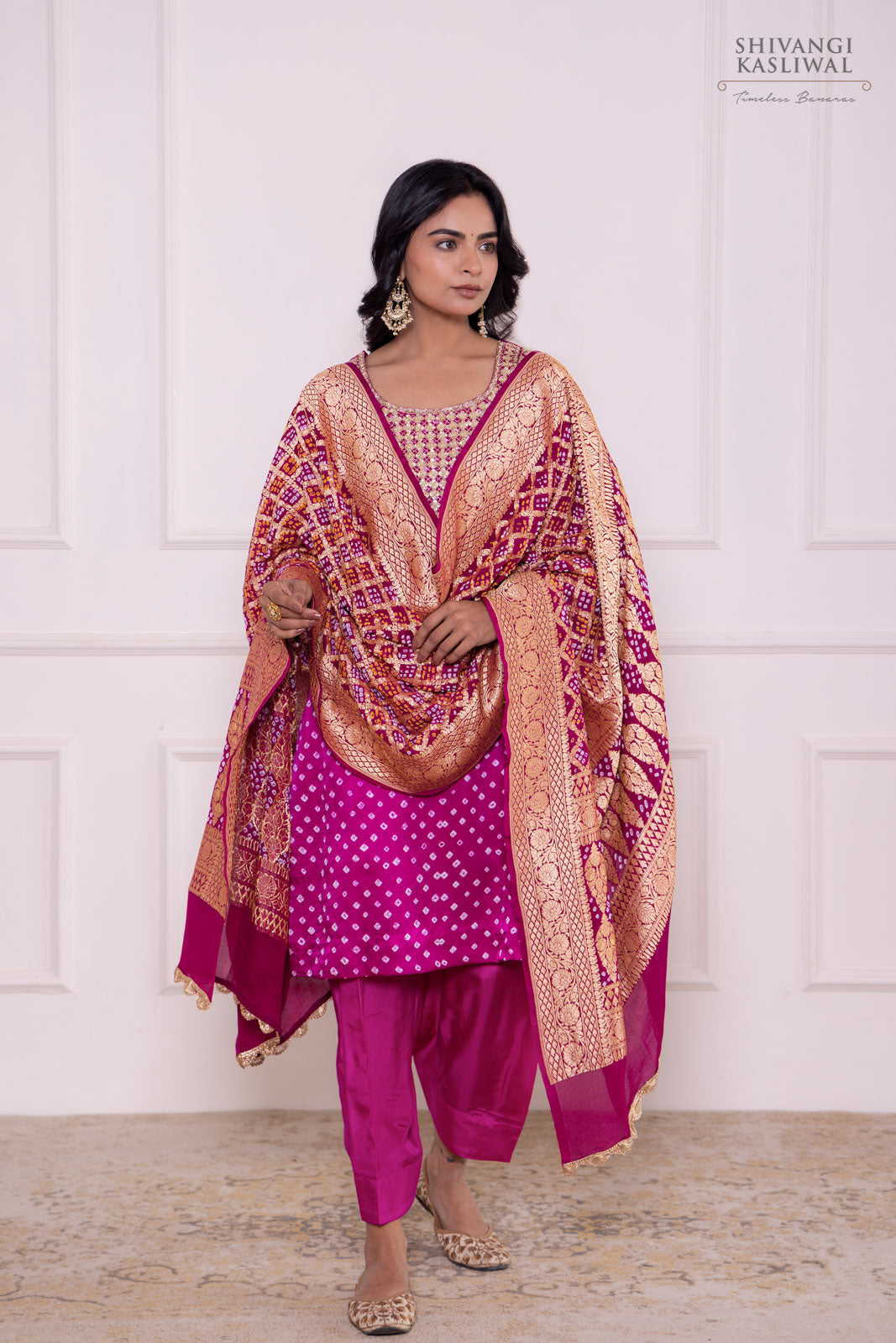 Magenta Pink Bandhani Silk Kurta Set
