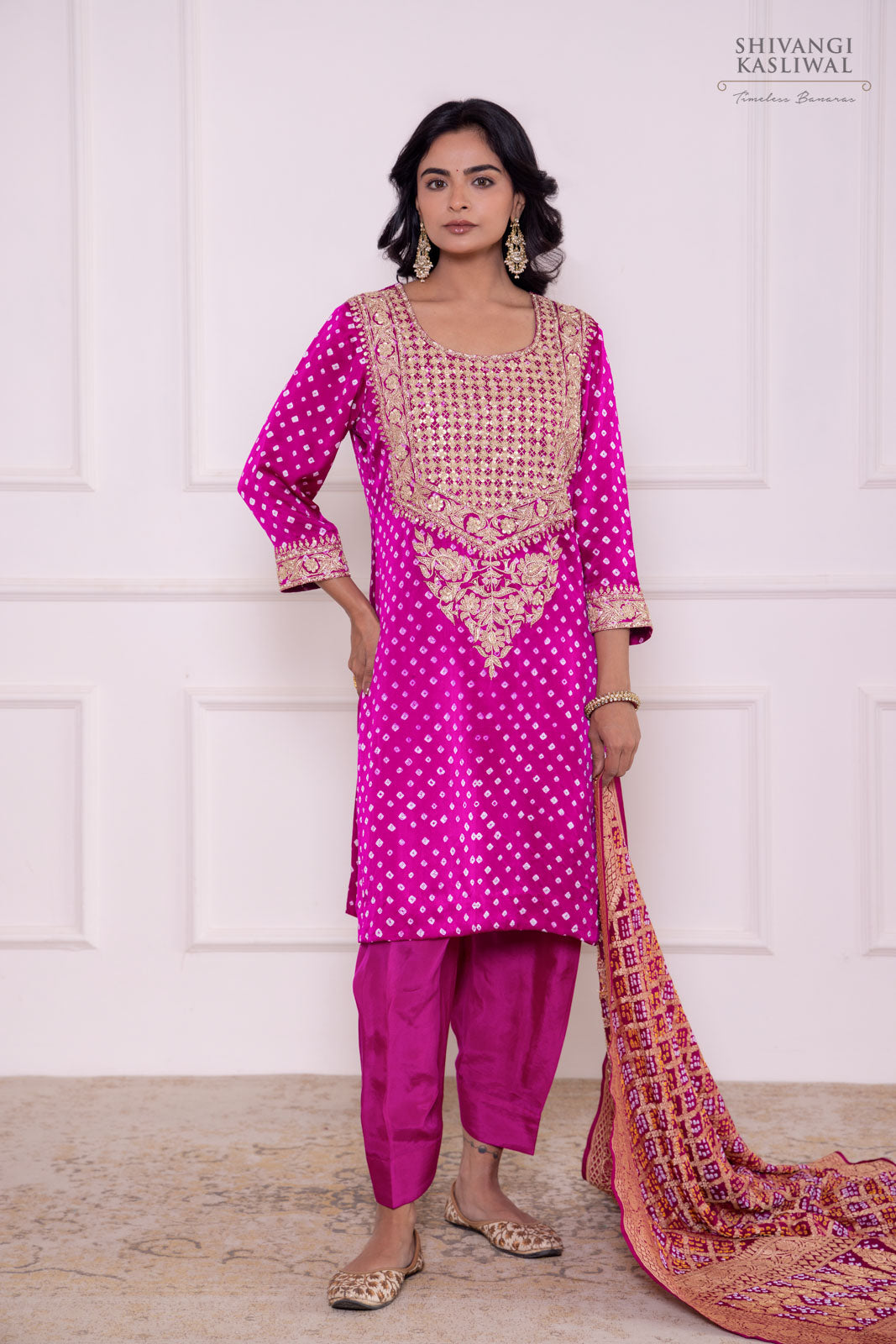 Magenta Pink Bandhani Silk Kurta Set