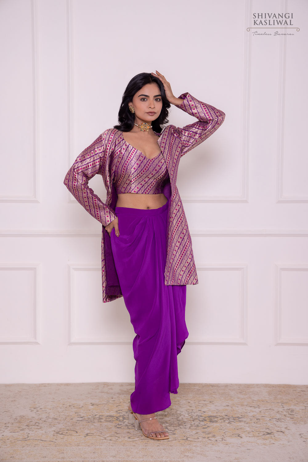 Magenta Pink Banarasi Jacket with Draped Skirt