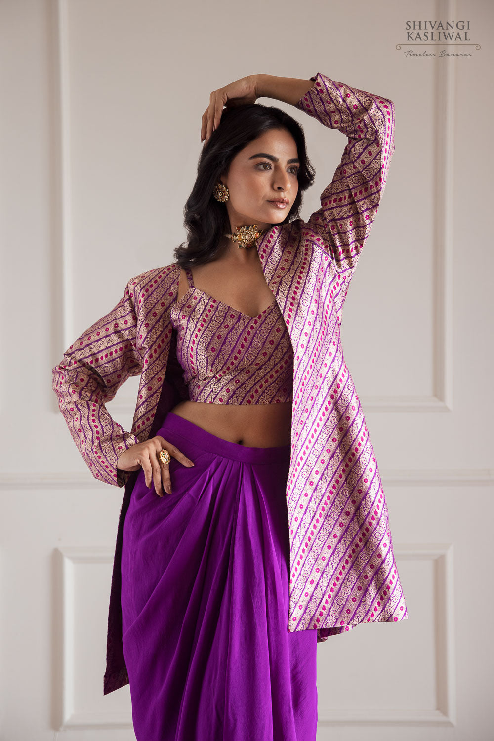 Magenta Pink Banarasi Jacket with Draped Skirt