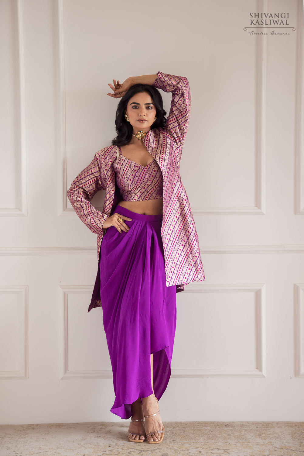 Magenta Pink Banarasi Jacket with Draped Skirt