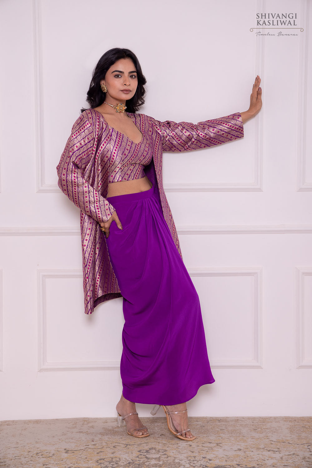 Magenta Pink Banarasi Jacket with Draped Skirt