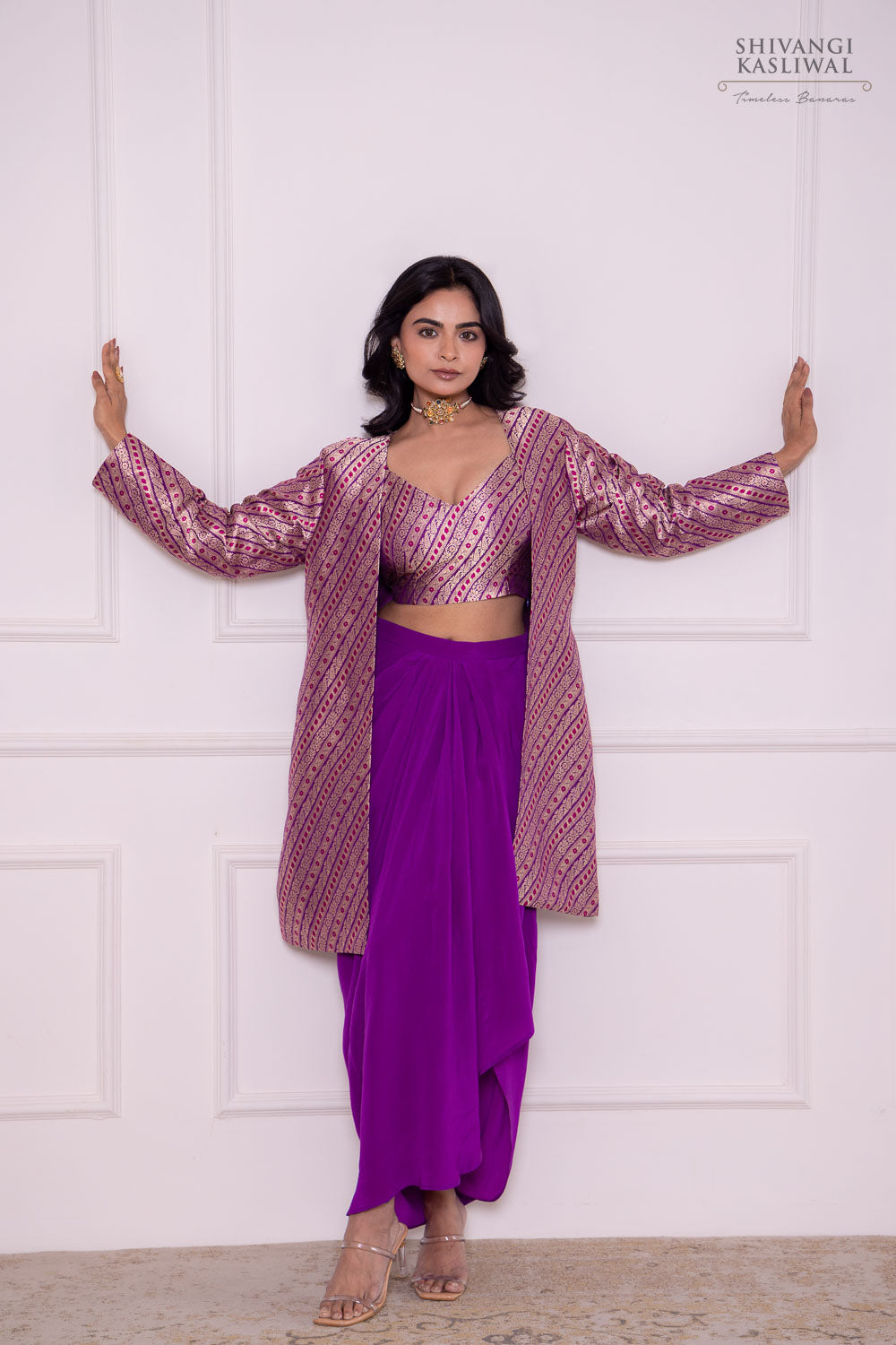 Magenta Pink Banarasi Jacket with Draped Skirt