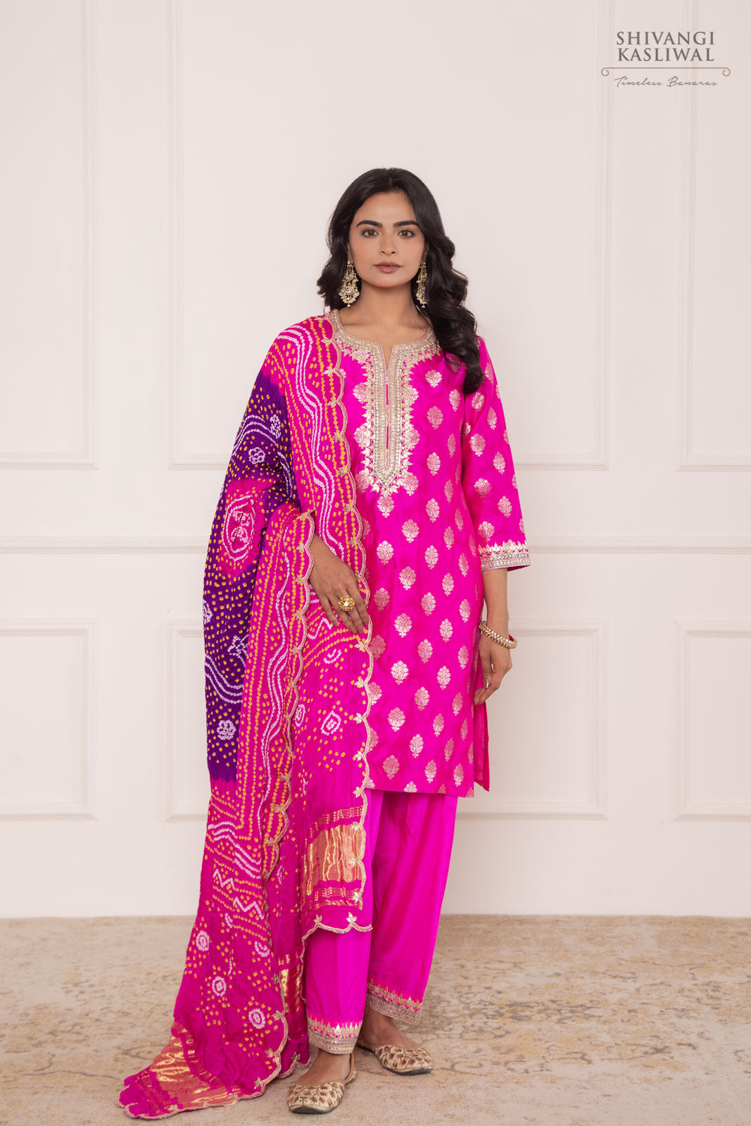 Rani Pink Banarasi Chiniya Silk Kurta with Bandhani Dupatta