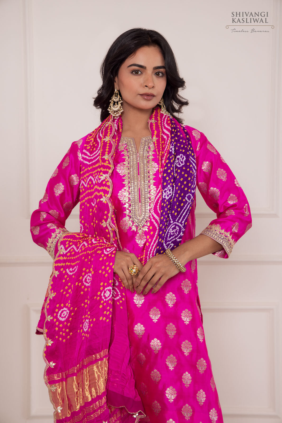 Rani Pink Banarasi Chiniya Silk Kurta with Bandhani Dupatta