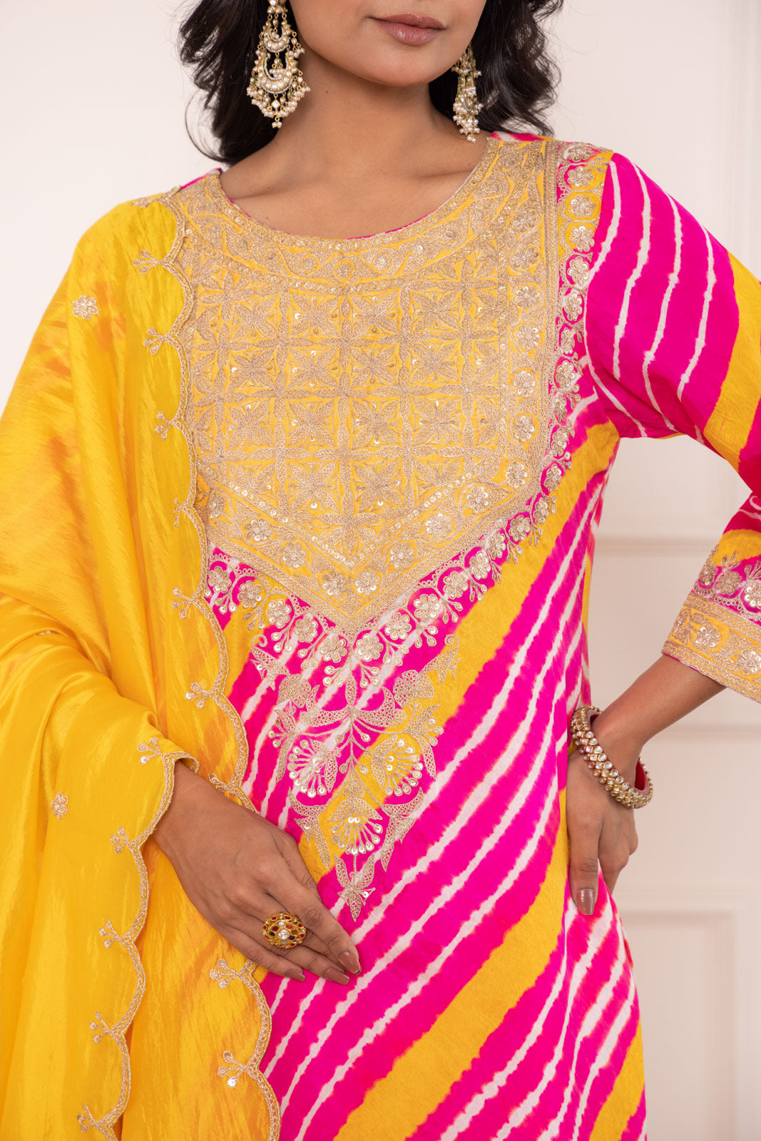 Pink Yellow Leheriya Habutai Silk Kurta Set