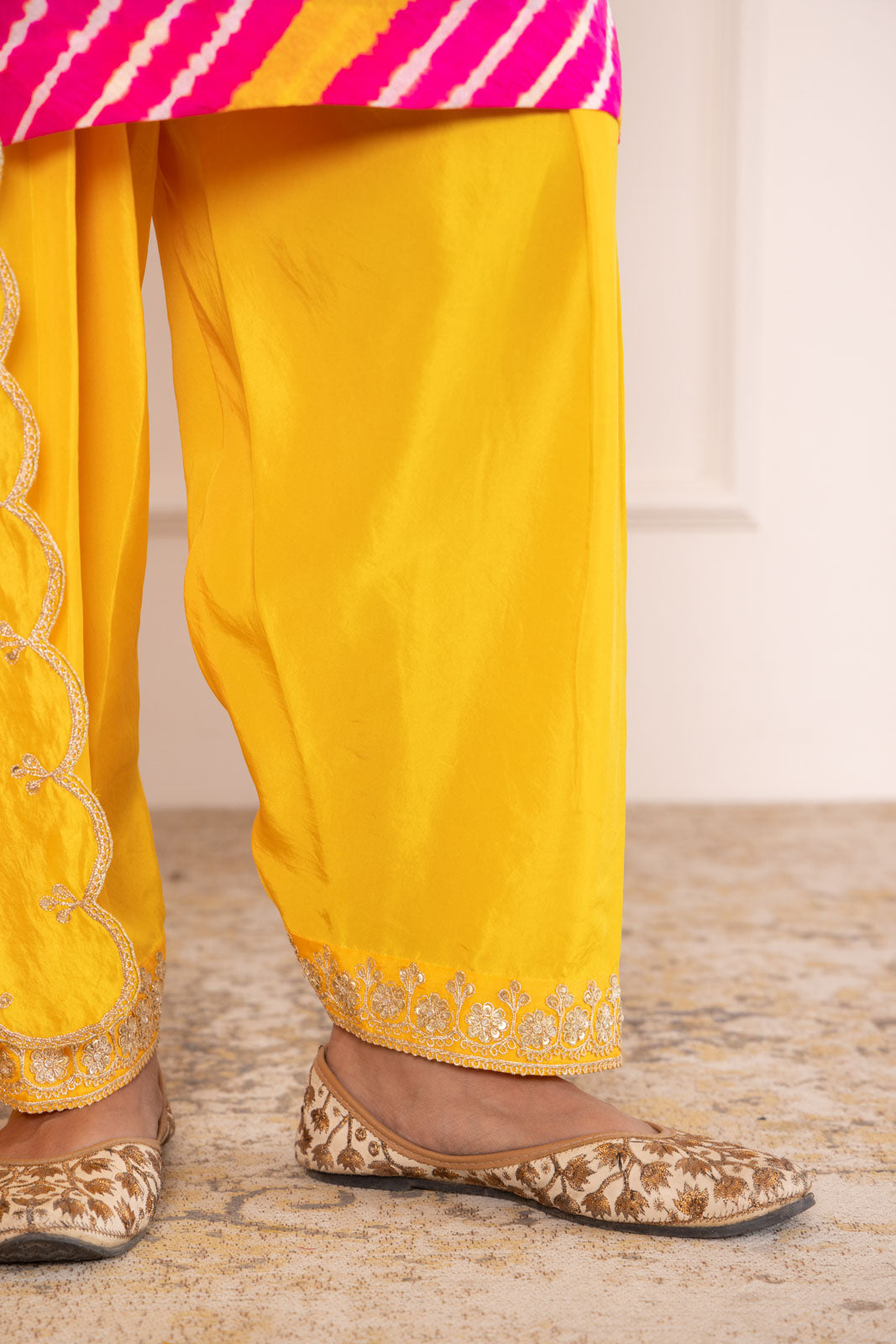 Pink Yellow Leheriya Habutai Silk Kurta Set