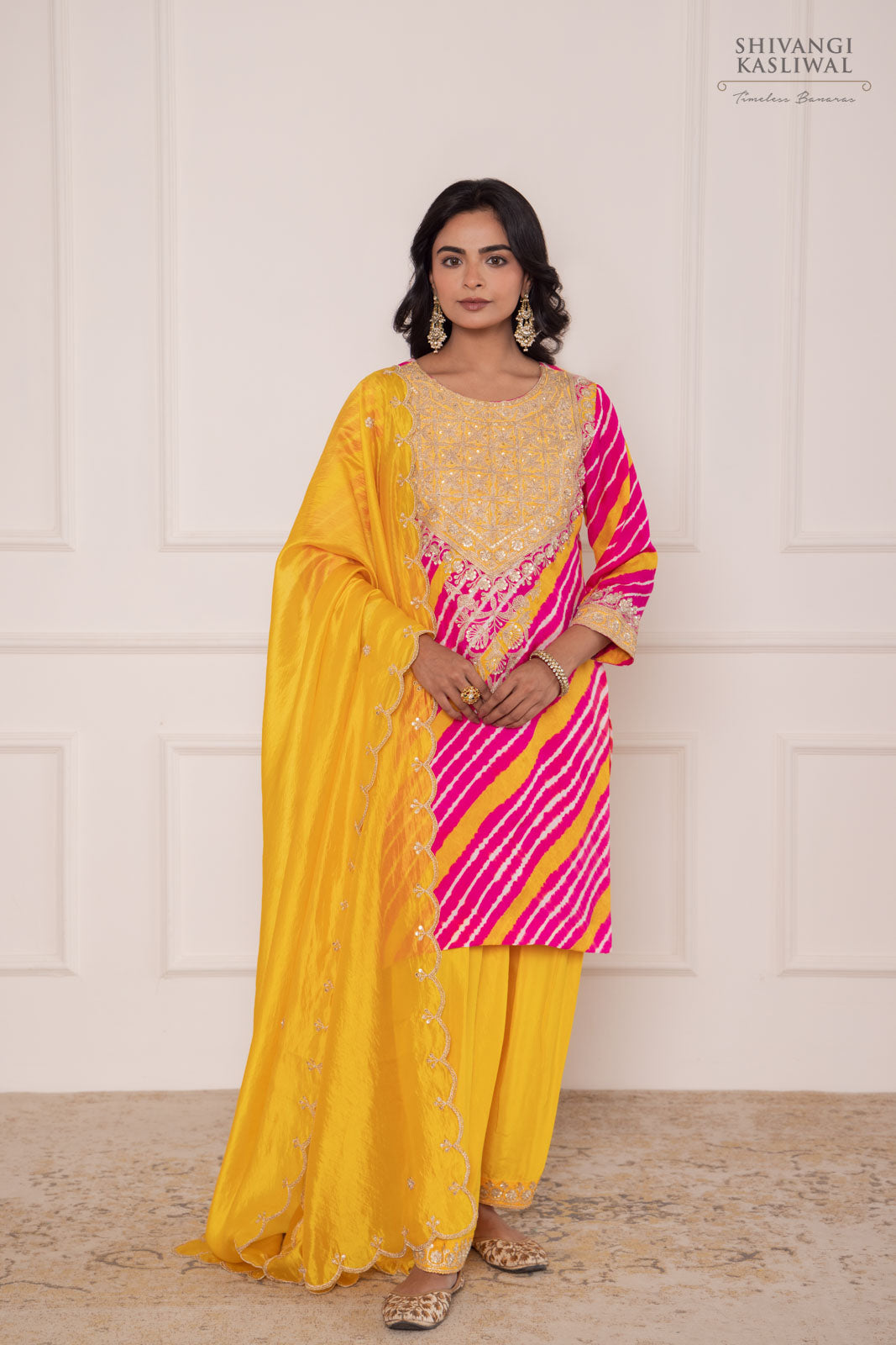 Pink Yellow Leheriya Habutai Silk Kurta Set