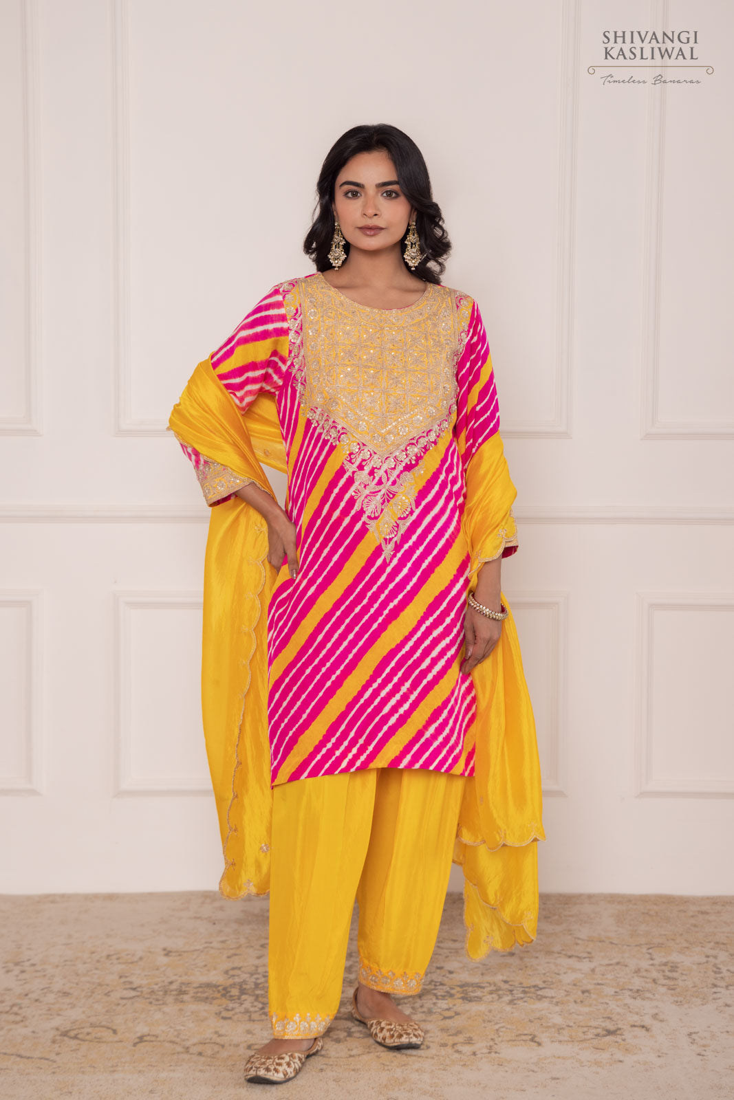 Pink Yellow Leheriya Habutai Silk Kurta Set