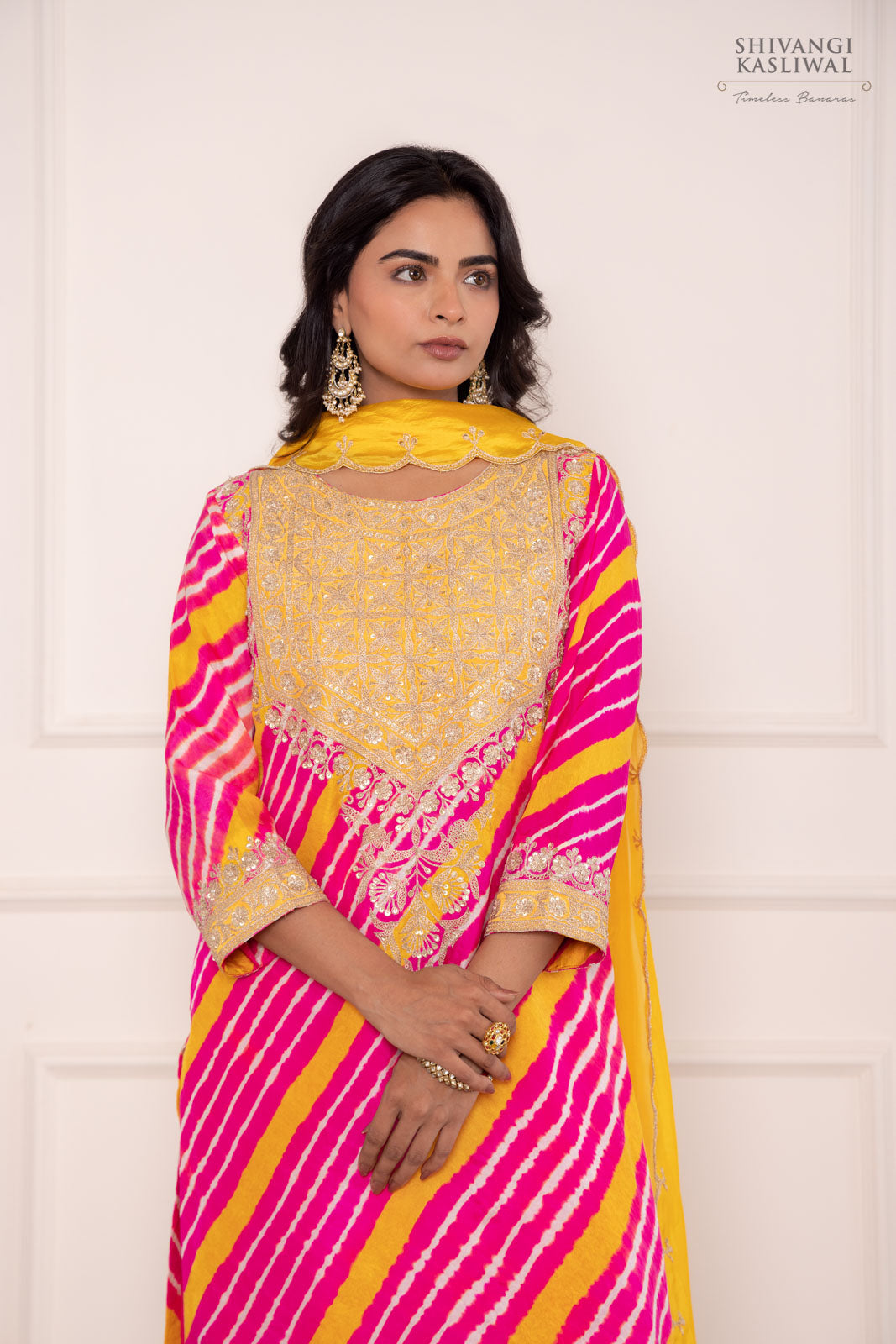 Pink Yellow Leheriya Habutai Silk Kurta Set