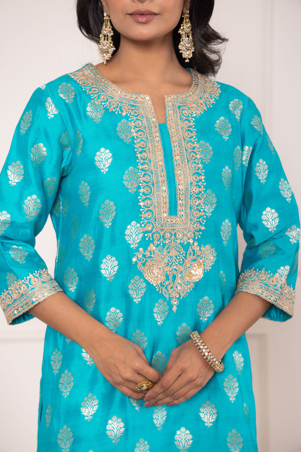 Turquoise Blue Banarasi Chiniya Silk Kurta with Leheriya Dupatta