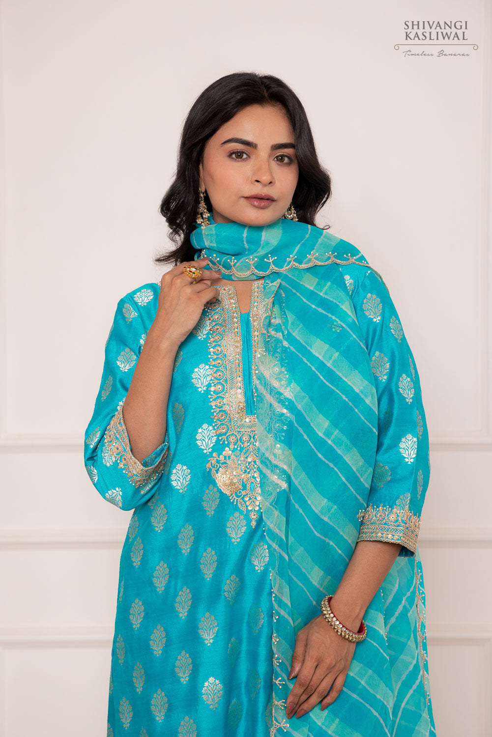 Turquoise Blue Banarasi Chiniya Silk Kurta with Leheriya Dupatta