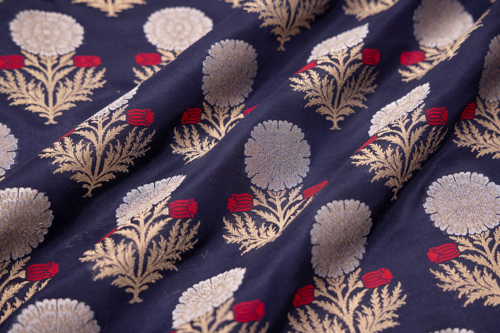 Navy Blue Handwoven Banarasi Silk Fabric