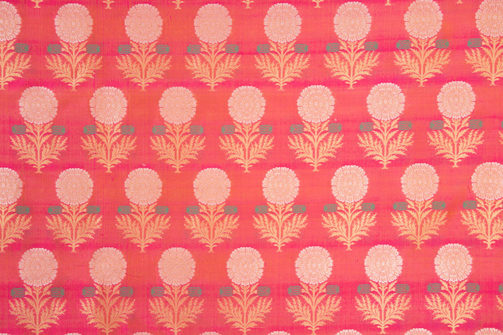 Pink Orange Handwoven Banarasi Silk Fabric