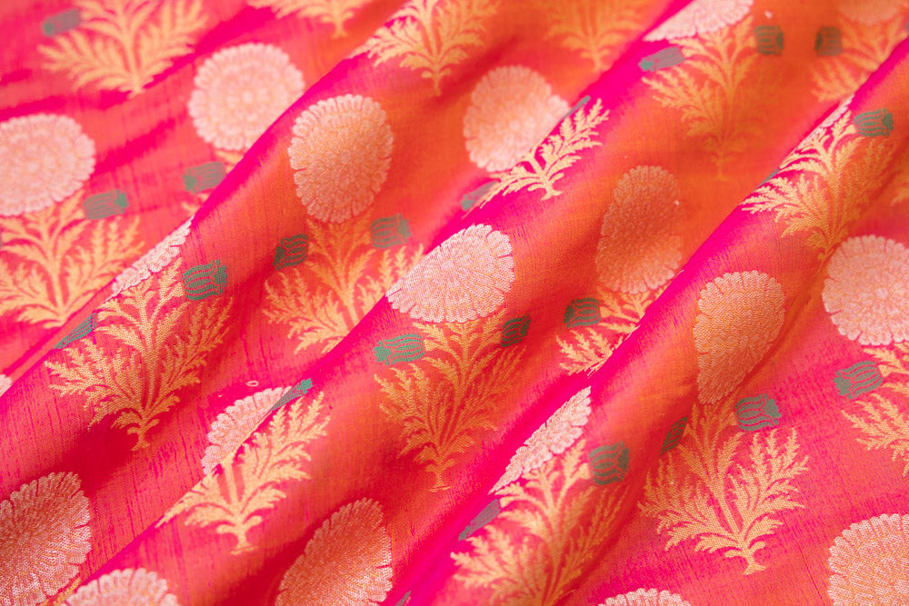 Pink Orange Handwoven Banarasi Silk Fabric