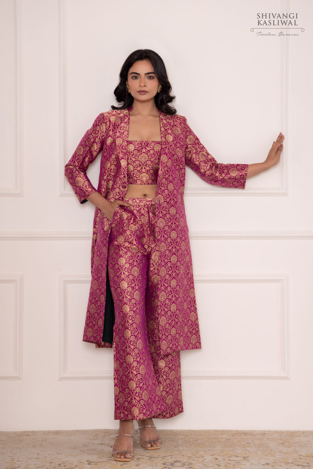 Magenta Pink Banarasi Brocade Long Jacket with Flared Pant