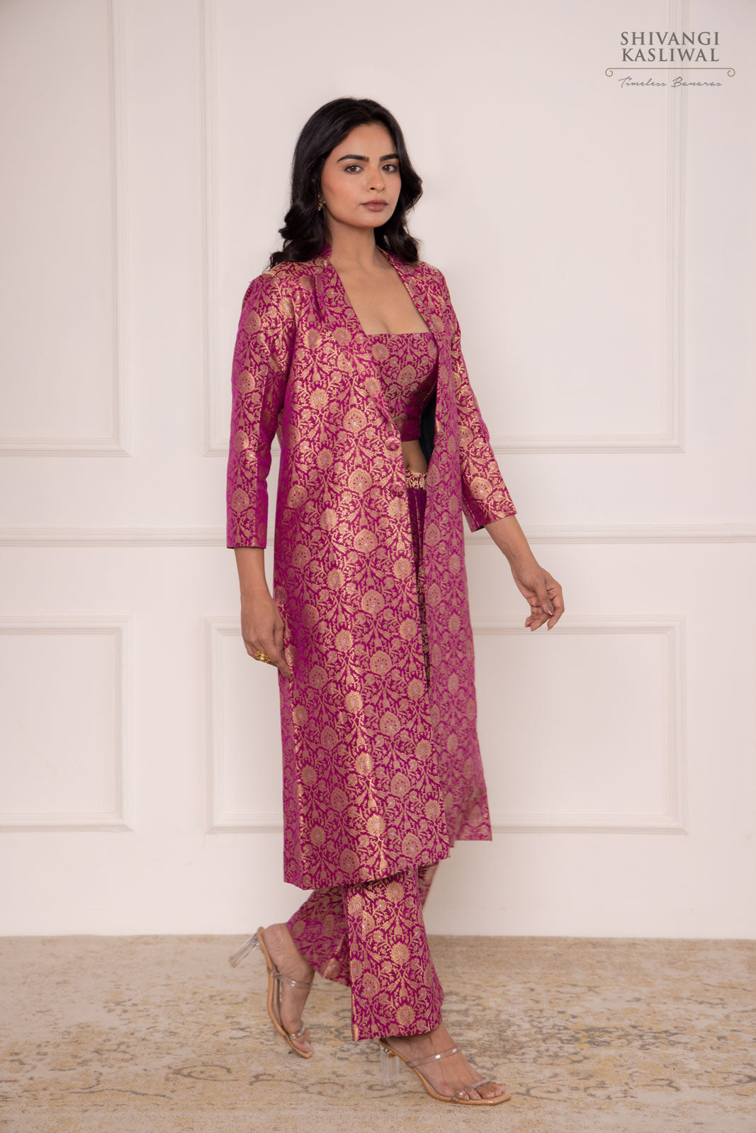 Magenta Pink Banarasi Brocade Long Jacket with Flared Pant