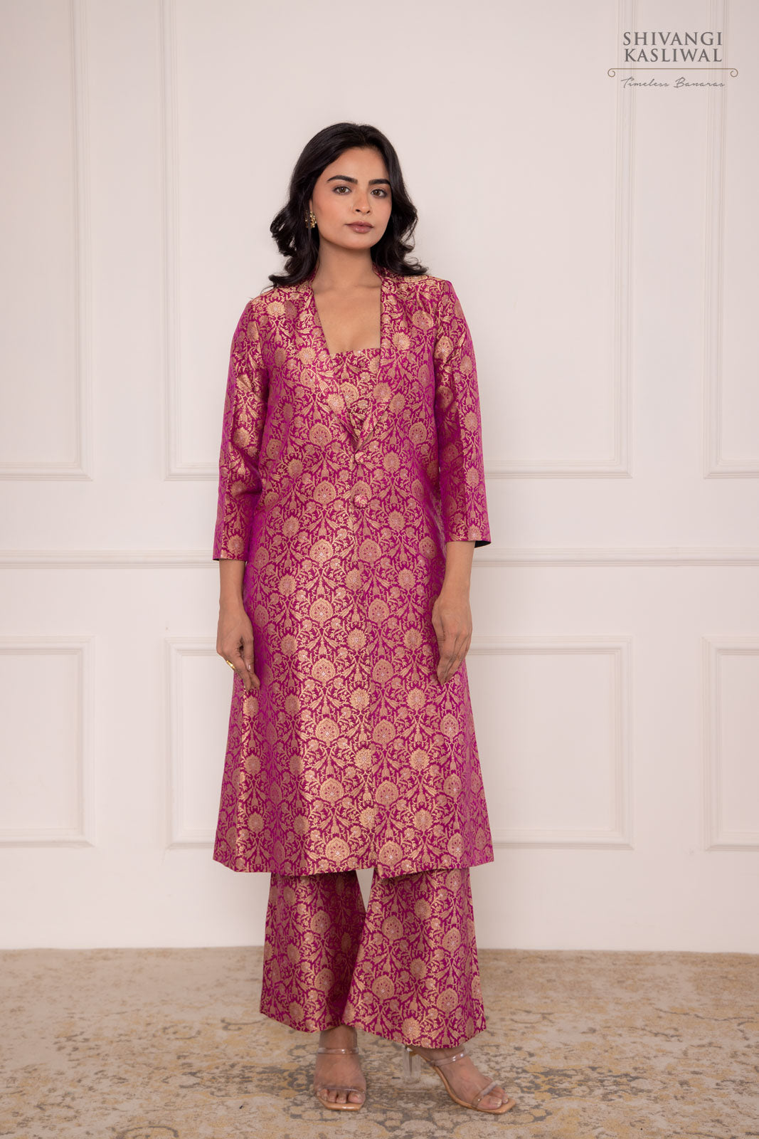 Magenta Pink Banarasi Brocade Long Jacket with Flared Pant
