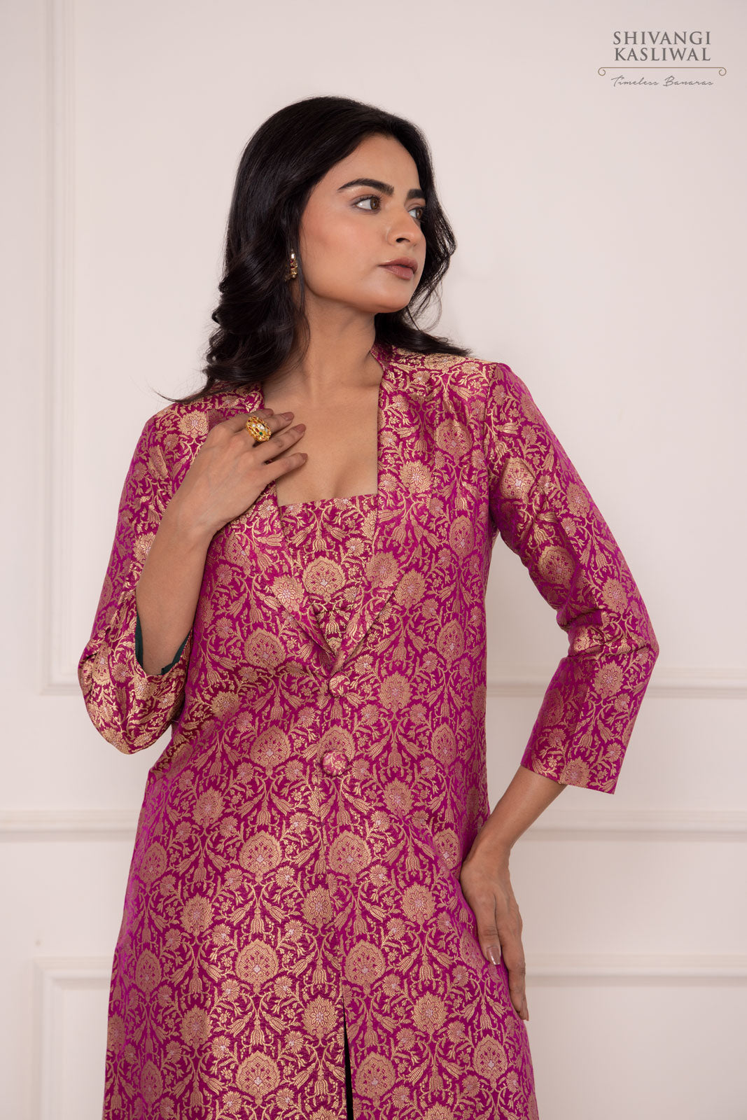 Magenta Pink Banarasi Brocade Long Jacket with Flared Pant