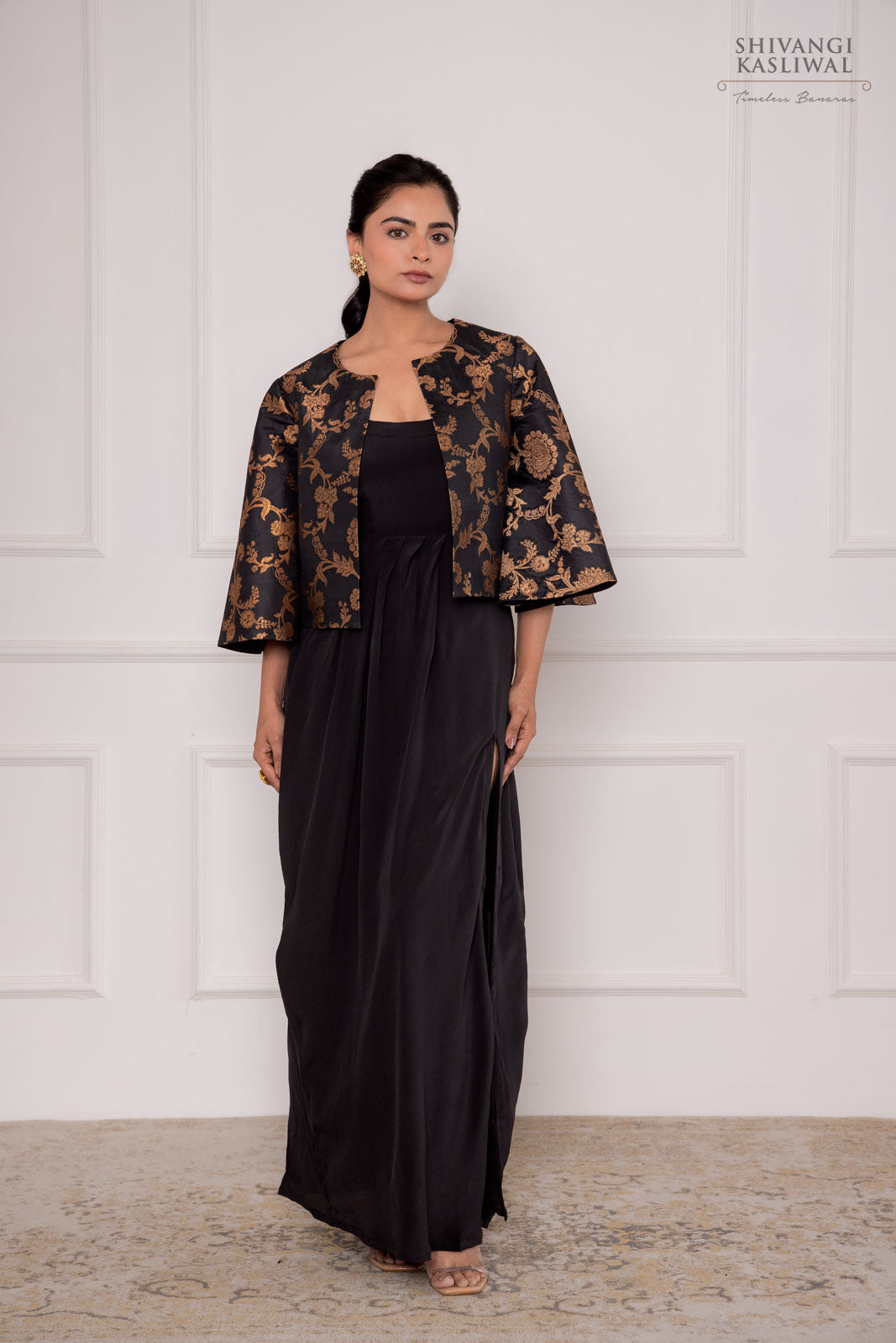 Black Banarasi Silk Jacket with Gown