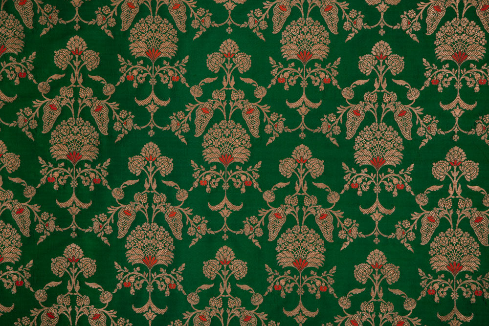 Bottle Green Handwoven Banarasi Silk Fabric