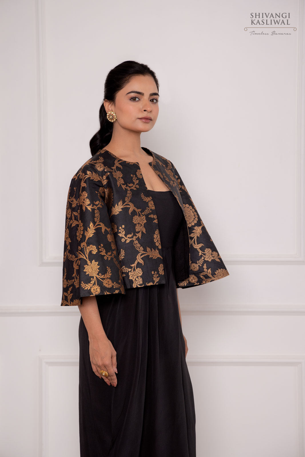 Black Banarasi Silk Jacket with Gown