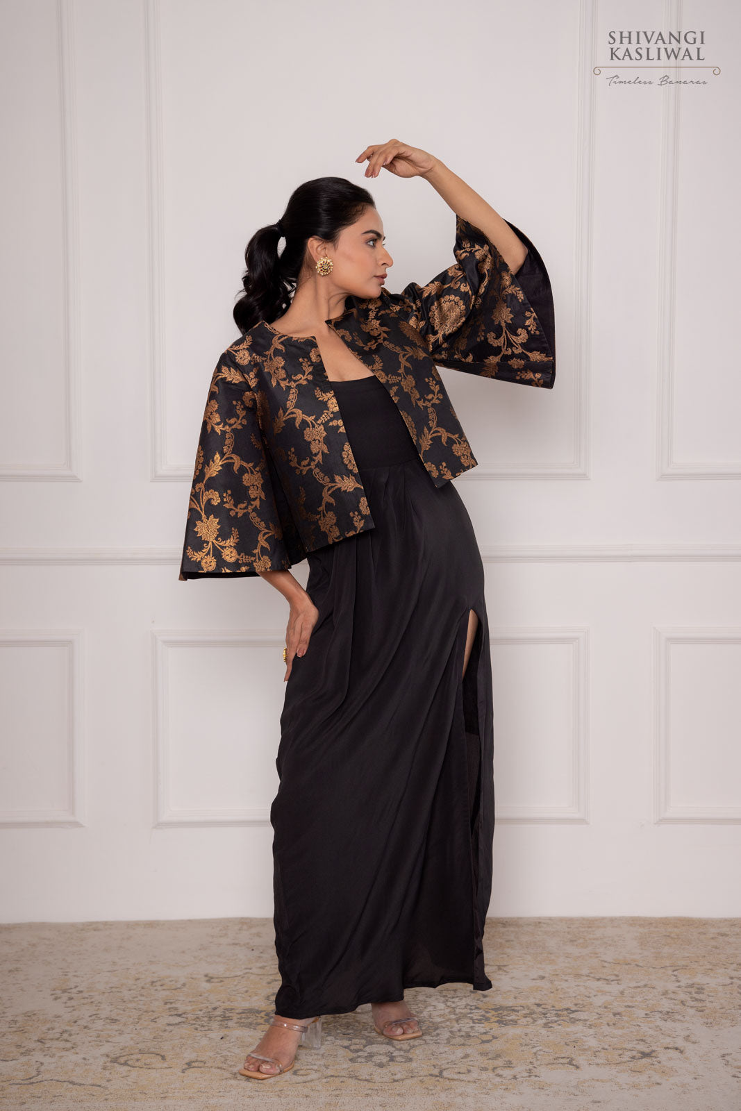 Black Banarasi Silk Jacket with Gown