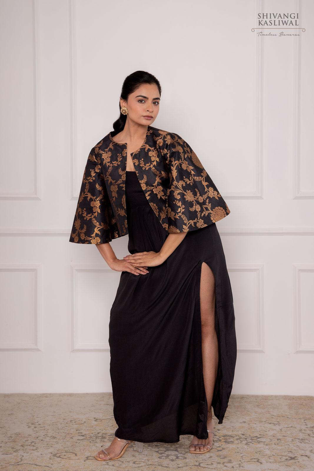 Black Banarasi Silk Jacket with Gown