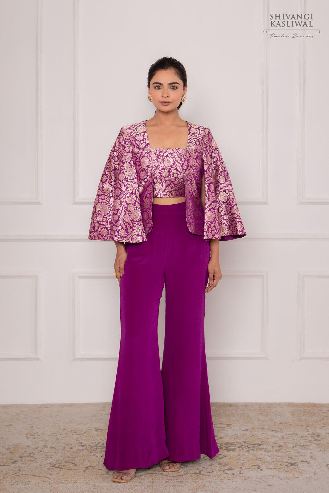 Magenta Pink Banarasi Silk Jacket with Flared Palazzo