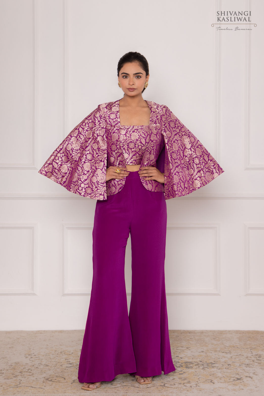 Magenta Pink Banarasi Silk Jacket with Flared Palazzo