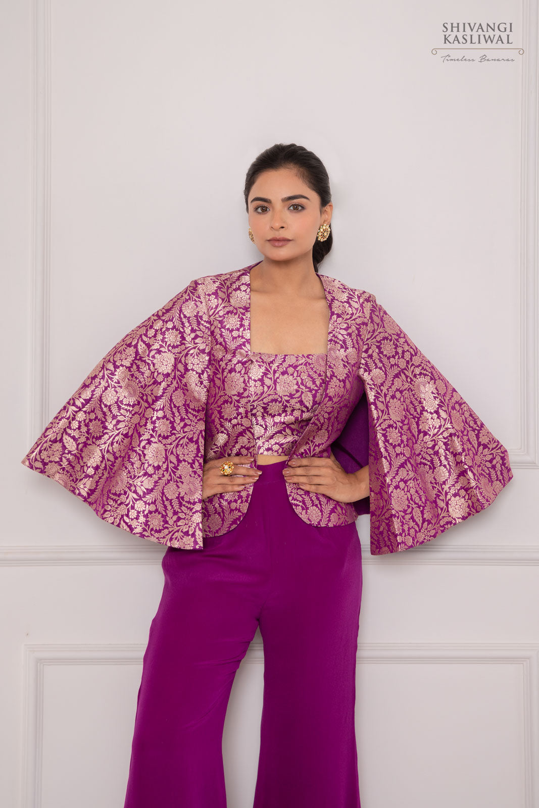 Magenta Pink Banarasi Silk Jacket with Flared Palazzo
