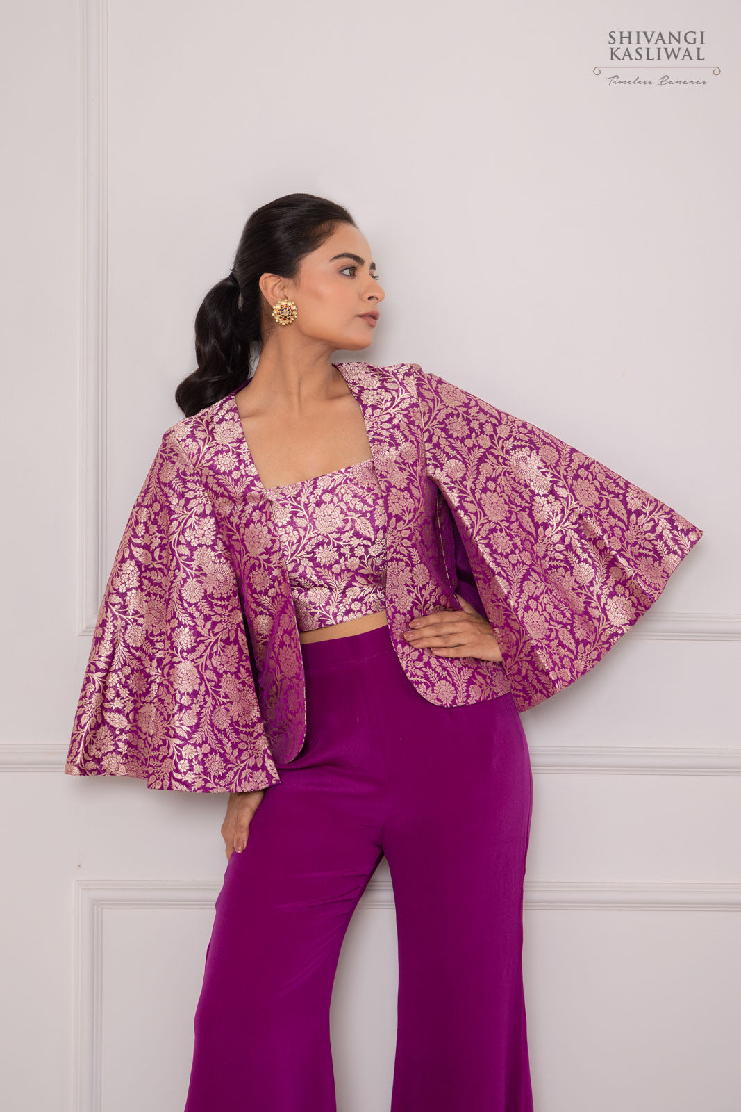 Magenta Pink Banarasi Silk Jacket with Flared Palazzo