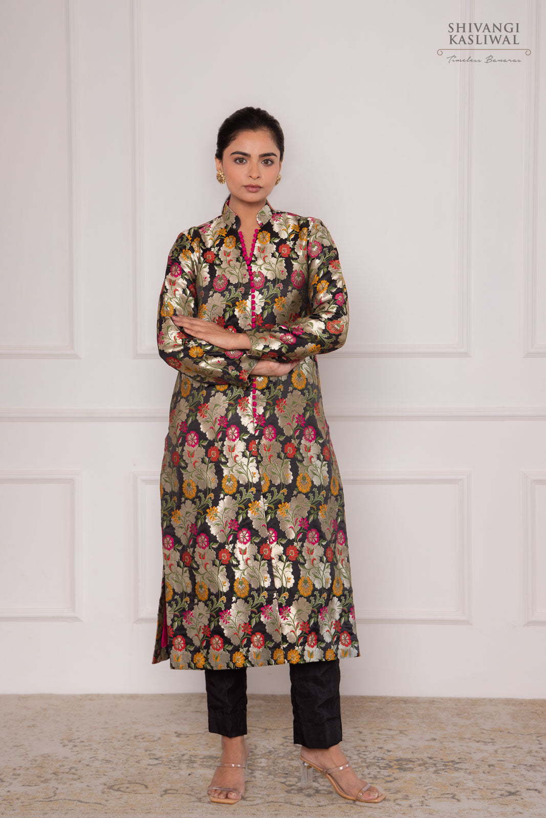 Black Banarasi Kinkhab Long Jacket with Pant