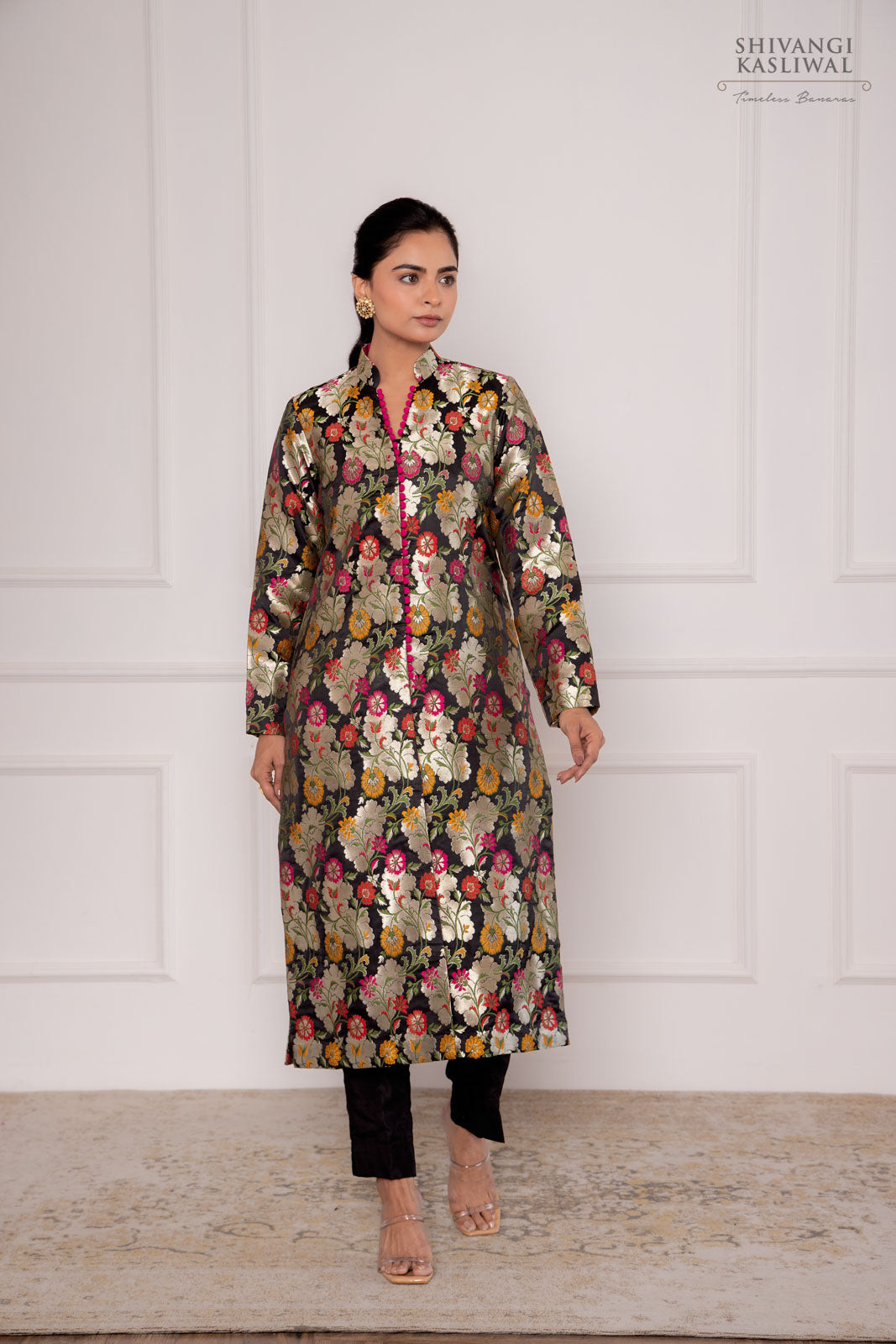 Black Banarasi Kinkhab Long Jacket with Pant