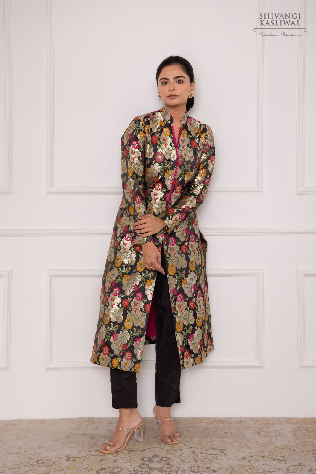 Black Banarasi Kinkhab Long Jacket with Pant