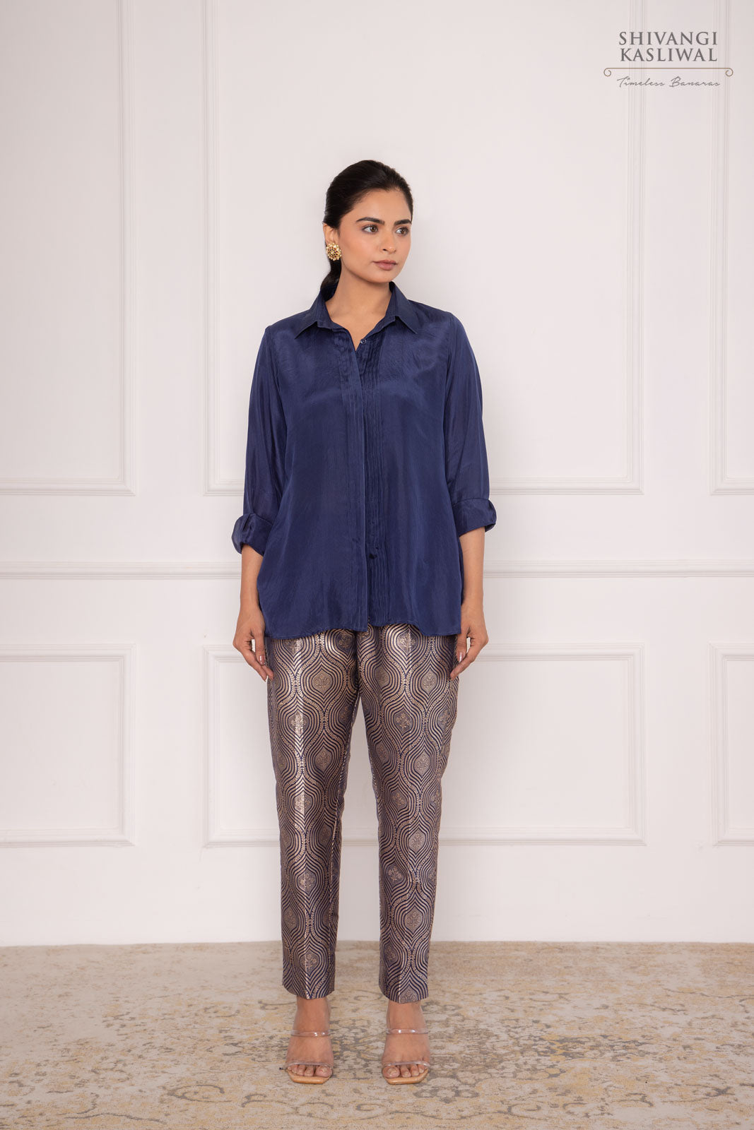 Navy Blue Silk Shirt with Banarasi Brocade Pant