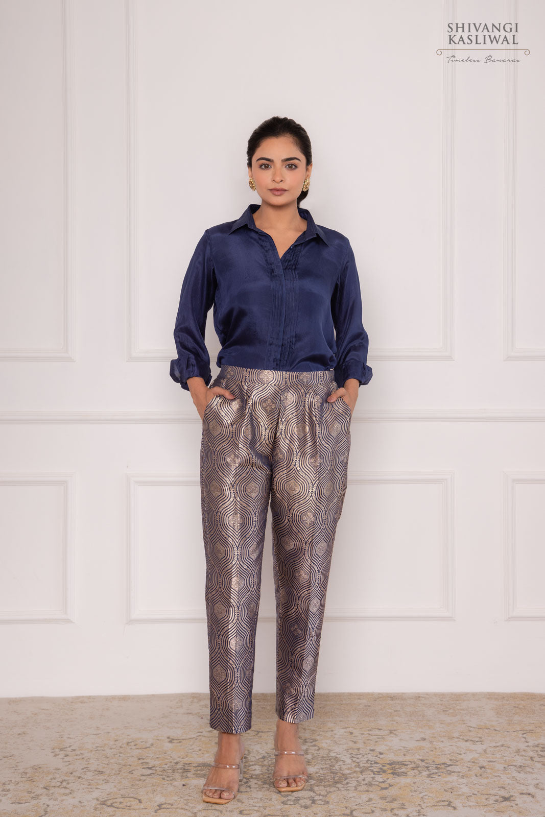 Navy Blue Silk Shirt with Banarasi Brocade Pant
