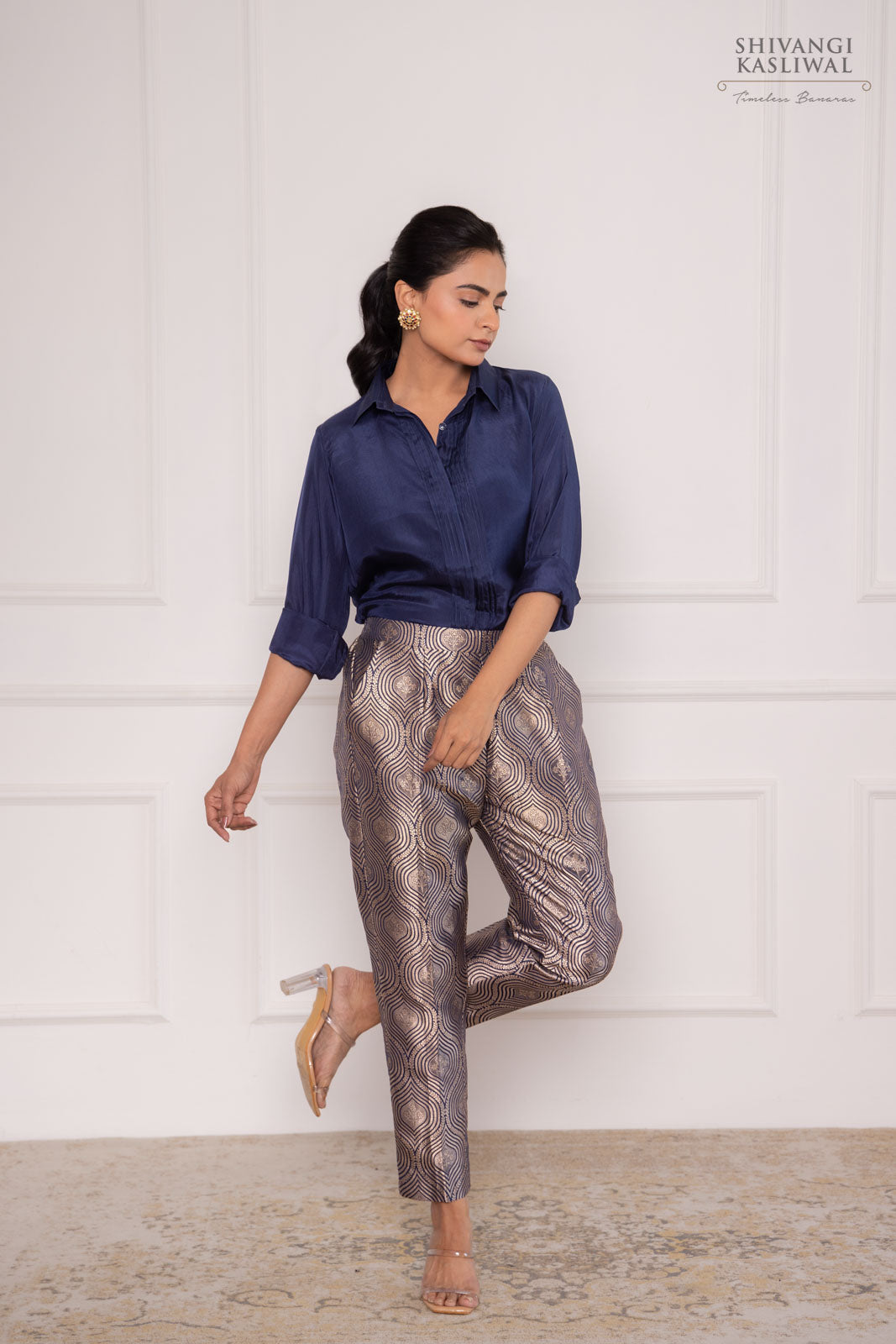 Navy Blue Silk Shirt with Banarasi Brocade Pant