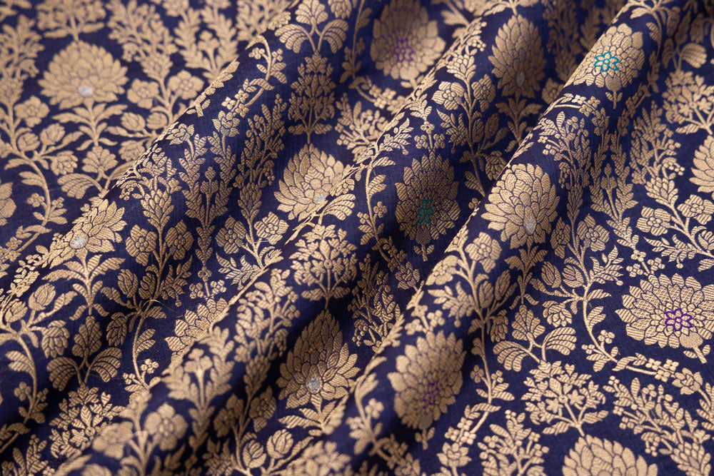 Navy Blue Handwoven Banarasi Brocade Fabric