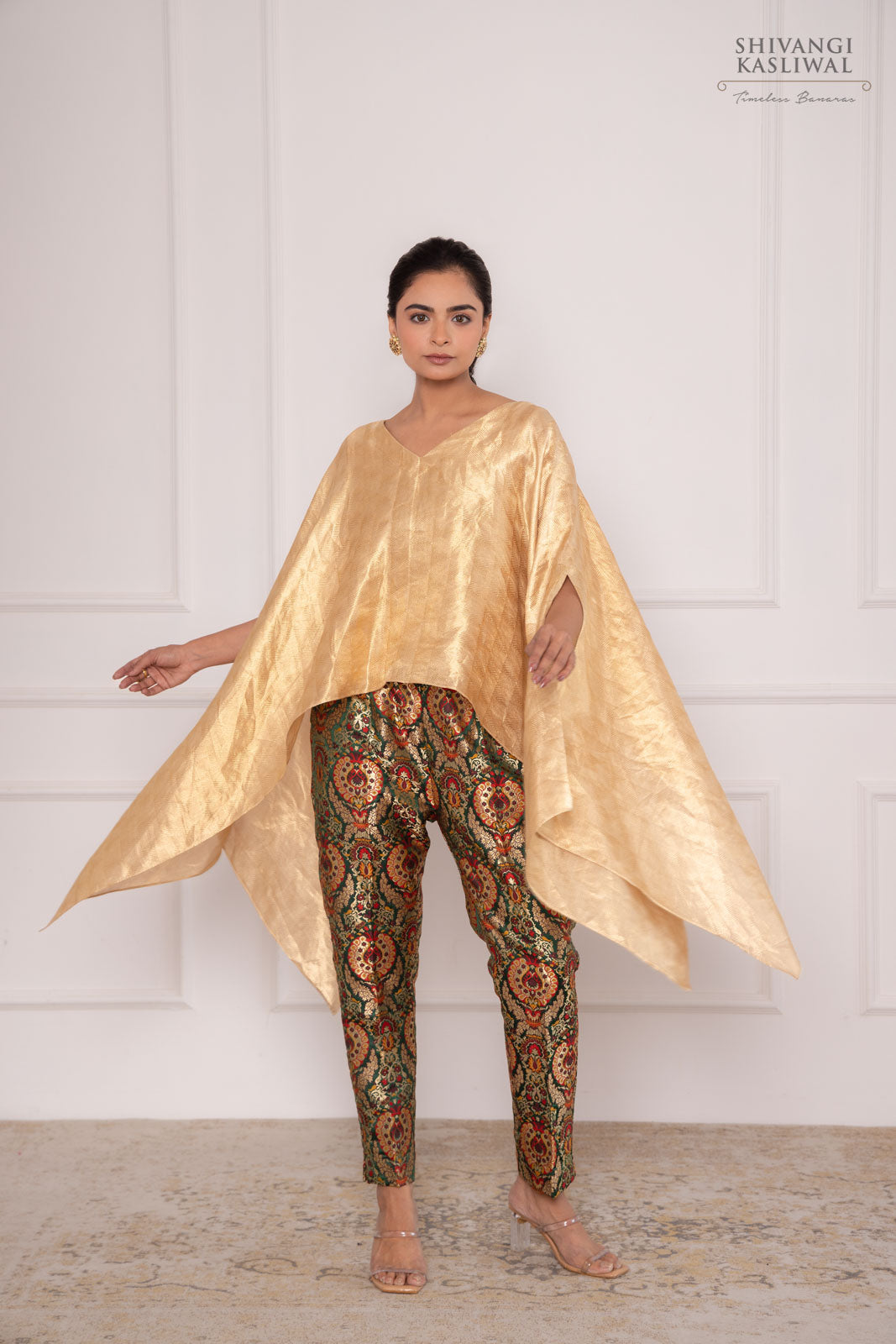 Gold Banarasi Tissue Cape with Green Brocade Pant