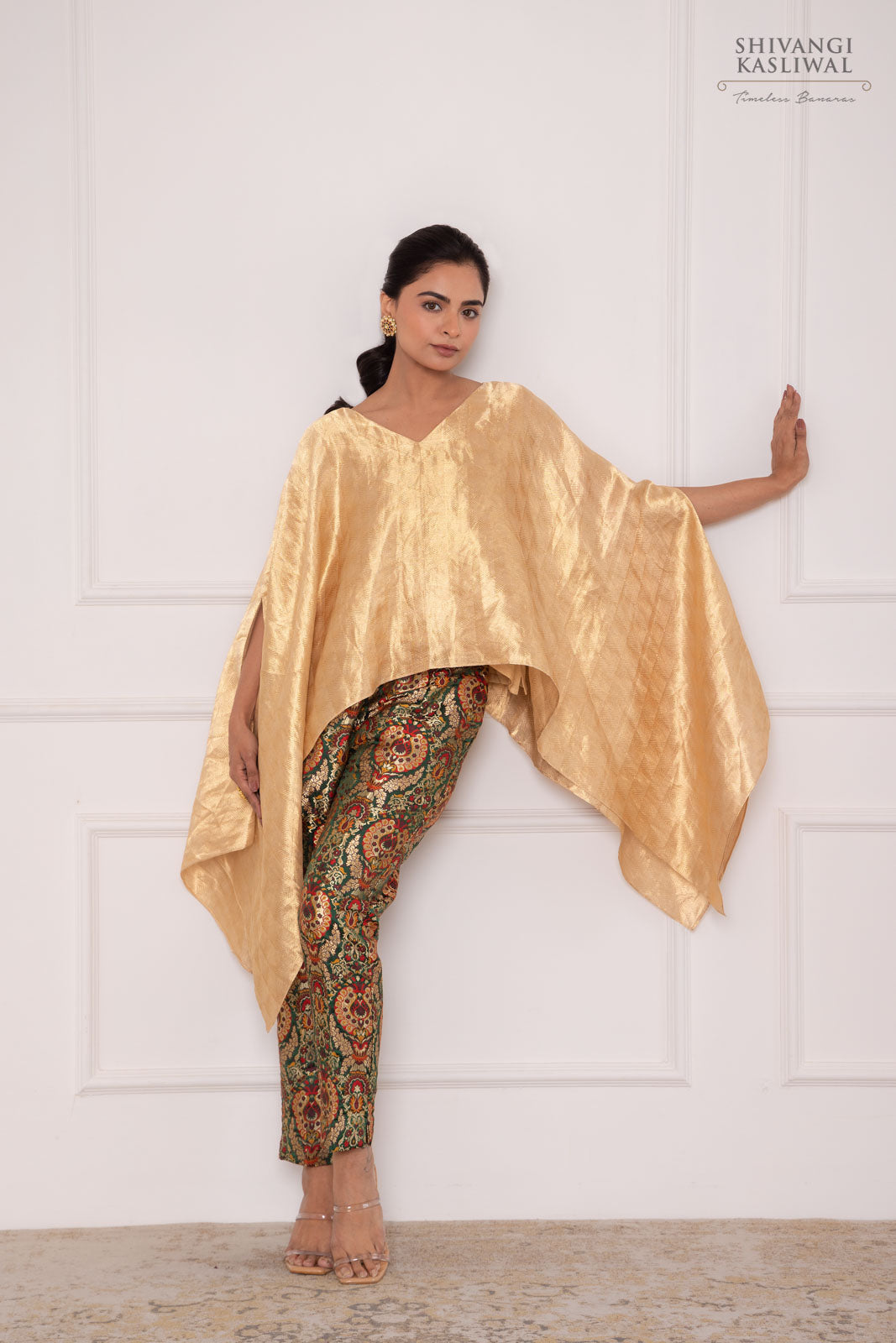 Gold Banarasi Tissue Cape with Green Brocade Pant