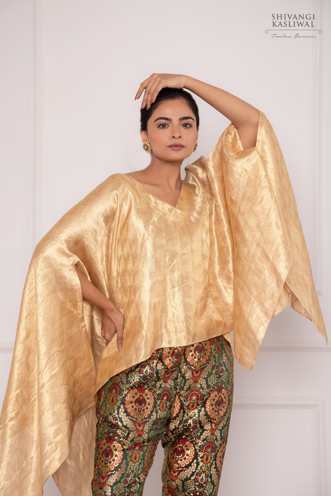 Gold Banarasi Tissue Cape with Green Brocade Pant
