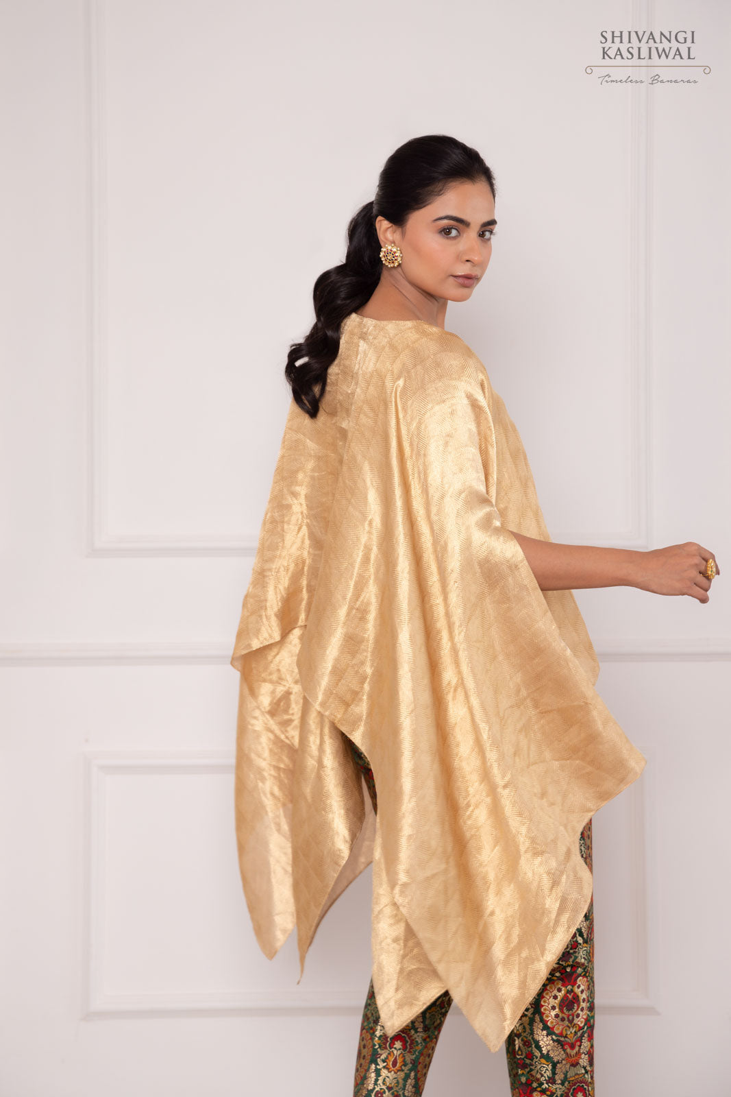 Gold Banarasi Tissue Cape with Green Brocade Pant