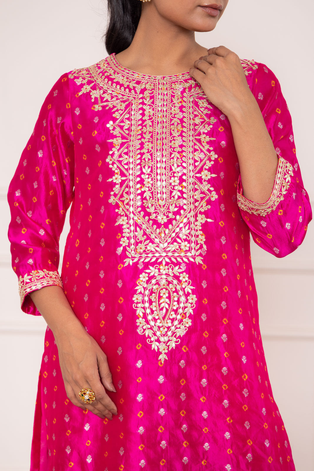 Fuchsia Pink Banarasi Bandhej Chiniya Silk Kurta Set