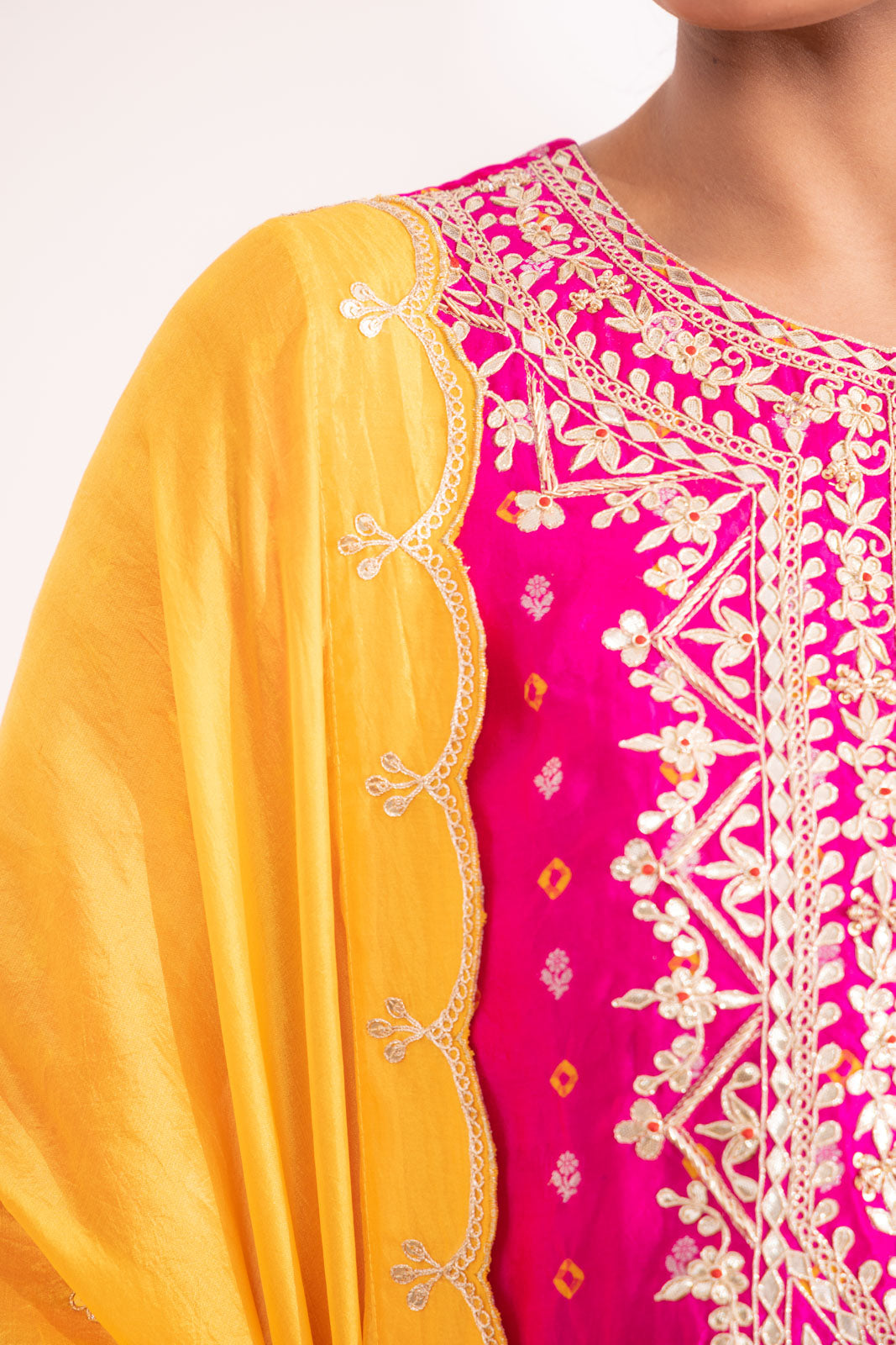 Fuchsia Pink Banarasi Bandhej Chiniya Silk Kurta Set