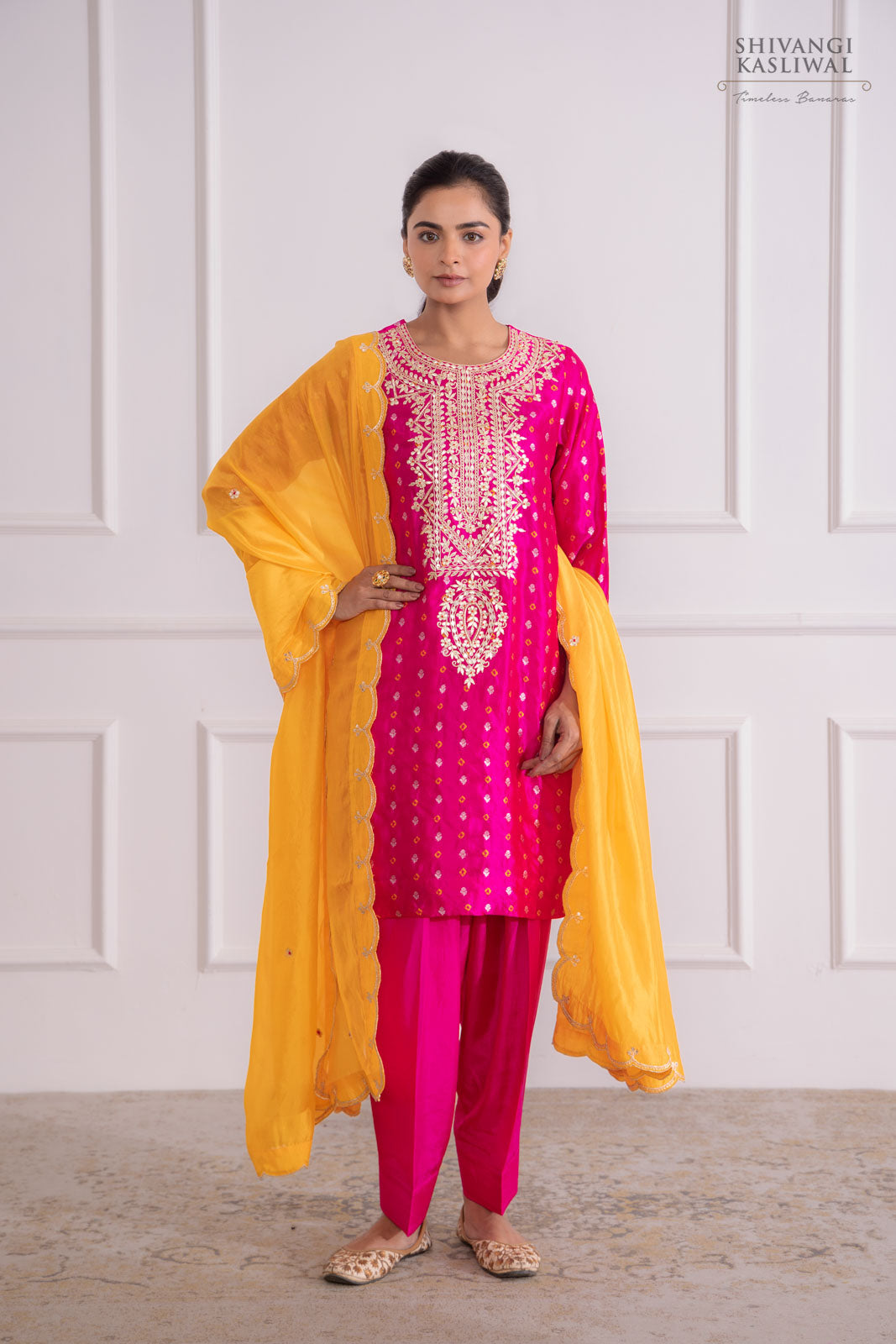 Fuchsia Pink Banarasi Bandhej Chiniya Silk Kurta Set