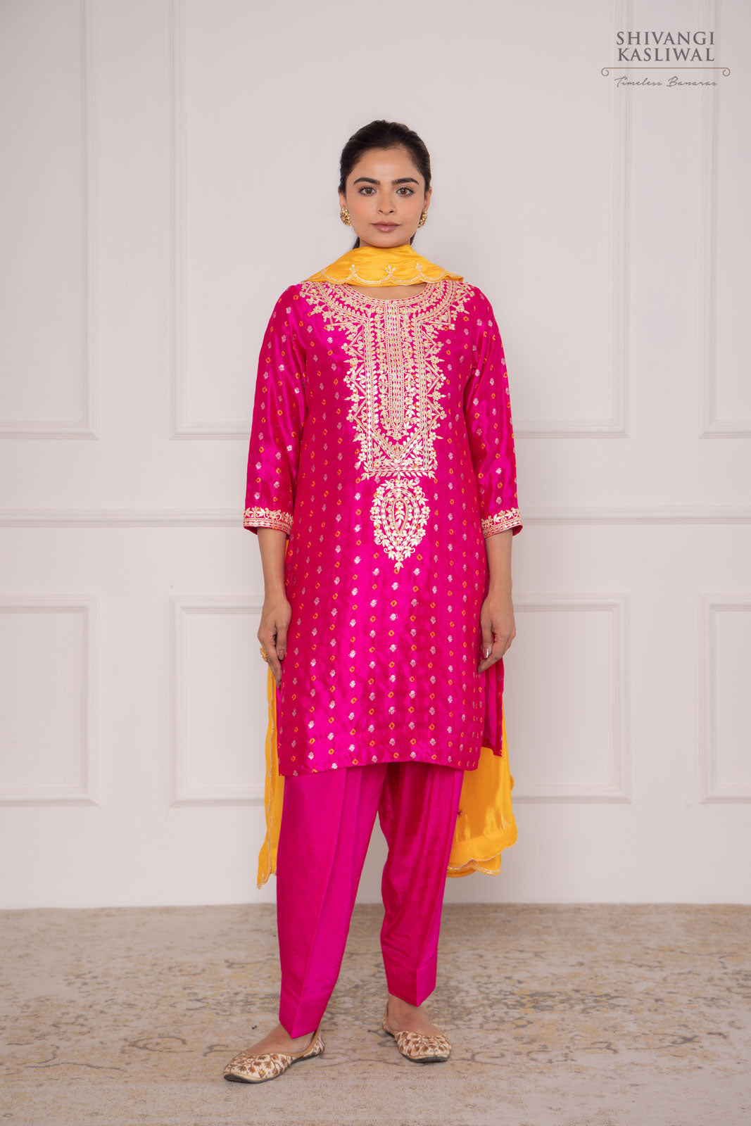 Fuchsia Pink Banarasi Bandhej Chiniya Silk Kurta Set