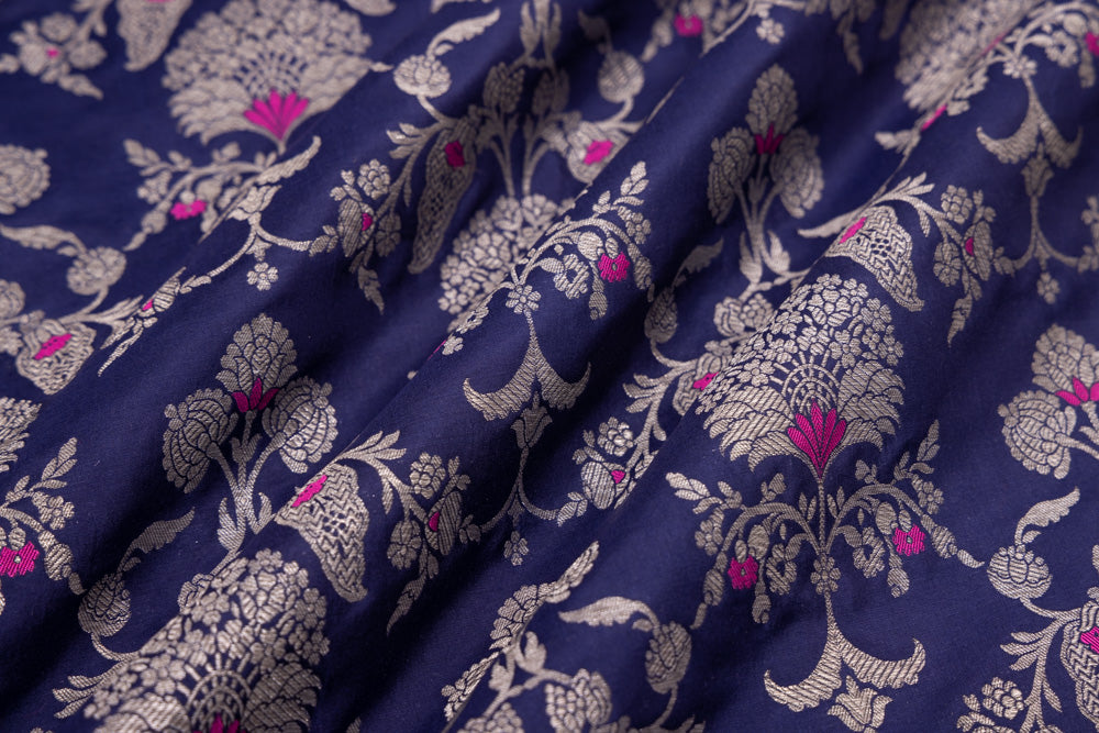 Navy Blue Handwoven Banarasi Silk Fabric