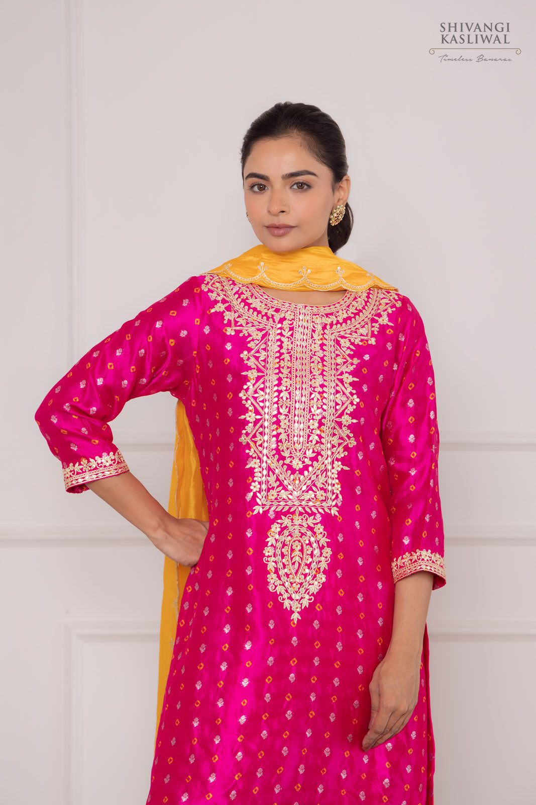Fuchsia Pink Banarasi Bandhej Chiniya Silk Kurta Set